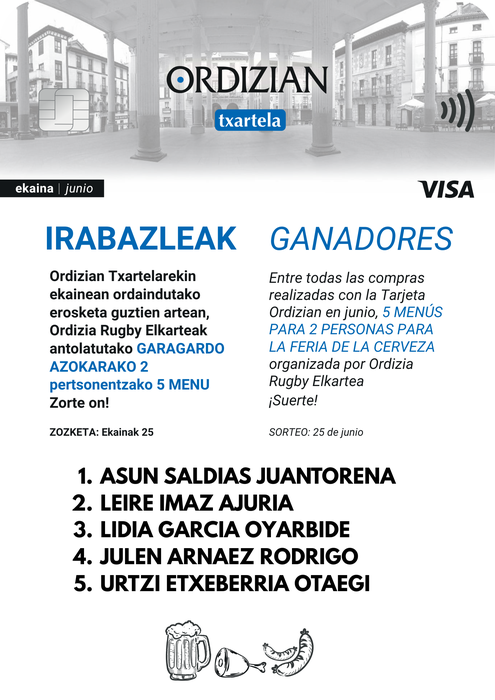 ORDIZIAN VISA TXARTELA: EKAINEKO IRABAZLEAK