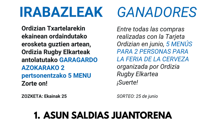 ORDIZIAN VISA TXARTELA: EKAINEKO IRABAZLEAK