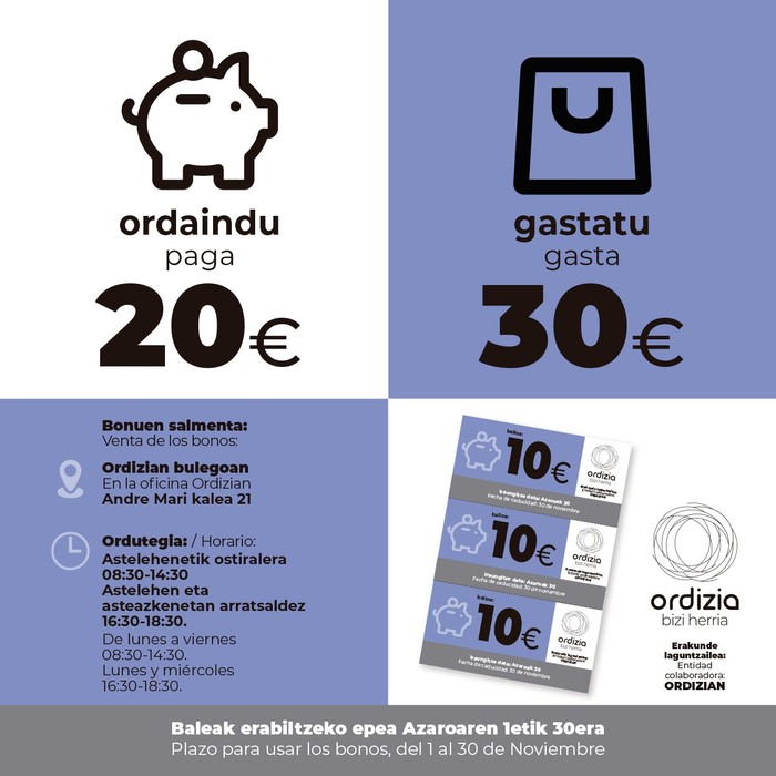 ORDAINDU 20€ GASTATU 30€ | EROSKETA BONOAK SALGAI