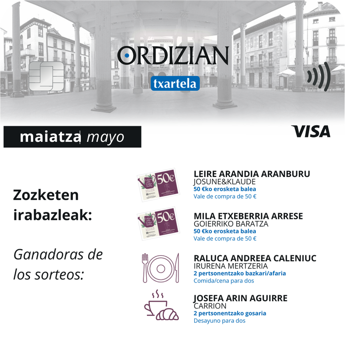 ORDIZIAN VISA TXARTELA: Maiatzeko irabazleak