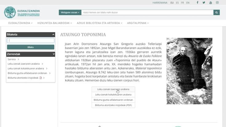 Juan Arin Dorronsorok egindako toponimia-bilduma Euskaltzaindiaren webgunean eskuragarri